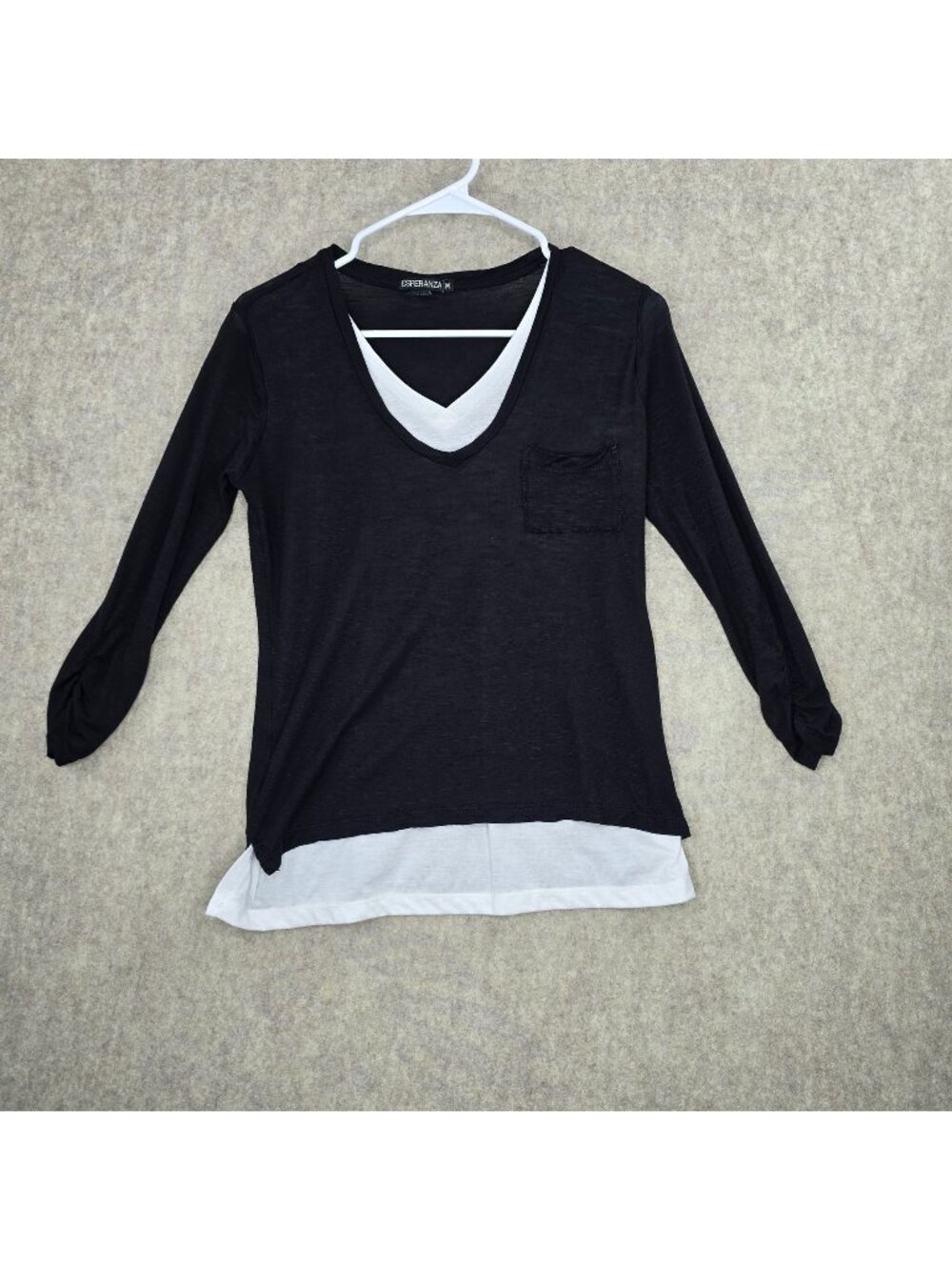 Esperanza Womens Layered Black & White V-Neck Top Medium 3/4 Sleeves Lightweight